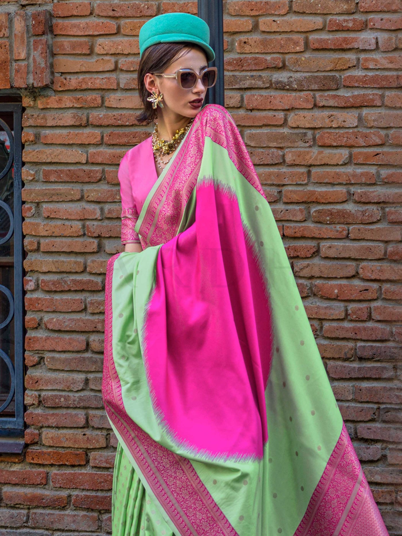 Neon Green & Pink Soft Art Silk Handloom Saree with Zari Accents Designer Statement Piece