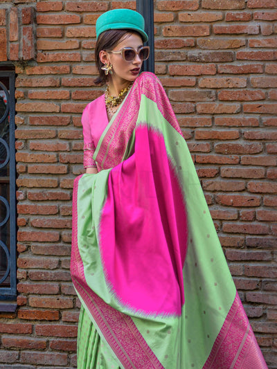 Neon Green & Pink Soft Art Silk Handloom Saree with Zari Accents Designer Statement Piece