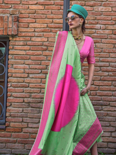 Neon Green & Pink Soft Art Silk Handloom Saree with Zari Accents Designer Statement Piece