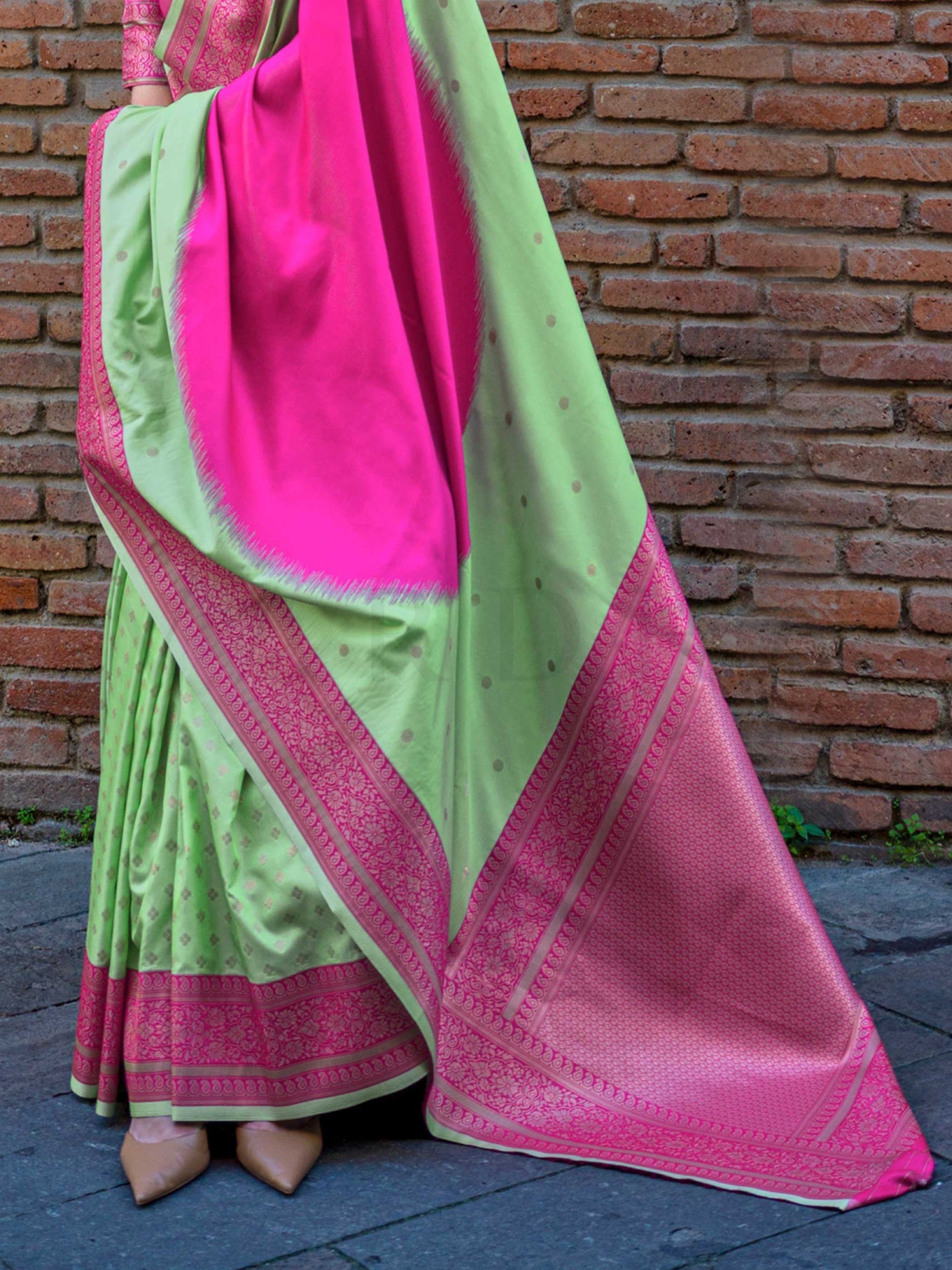 Neon Green & Pink Soft Art Silk Handloom Saree with Zari Accents Designer Statement Piece