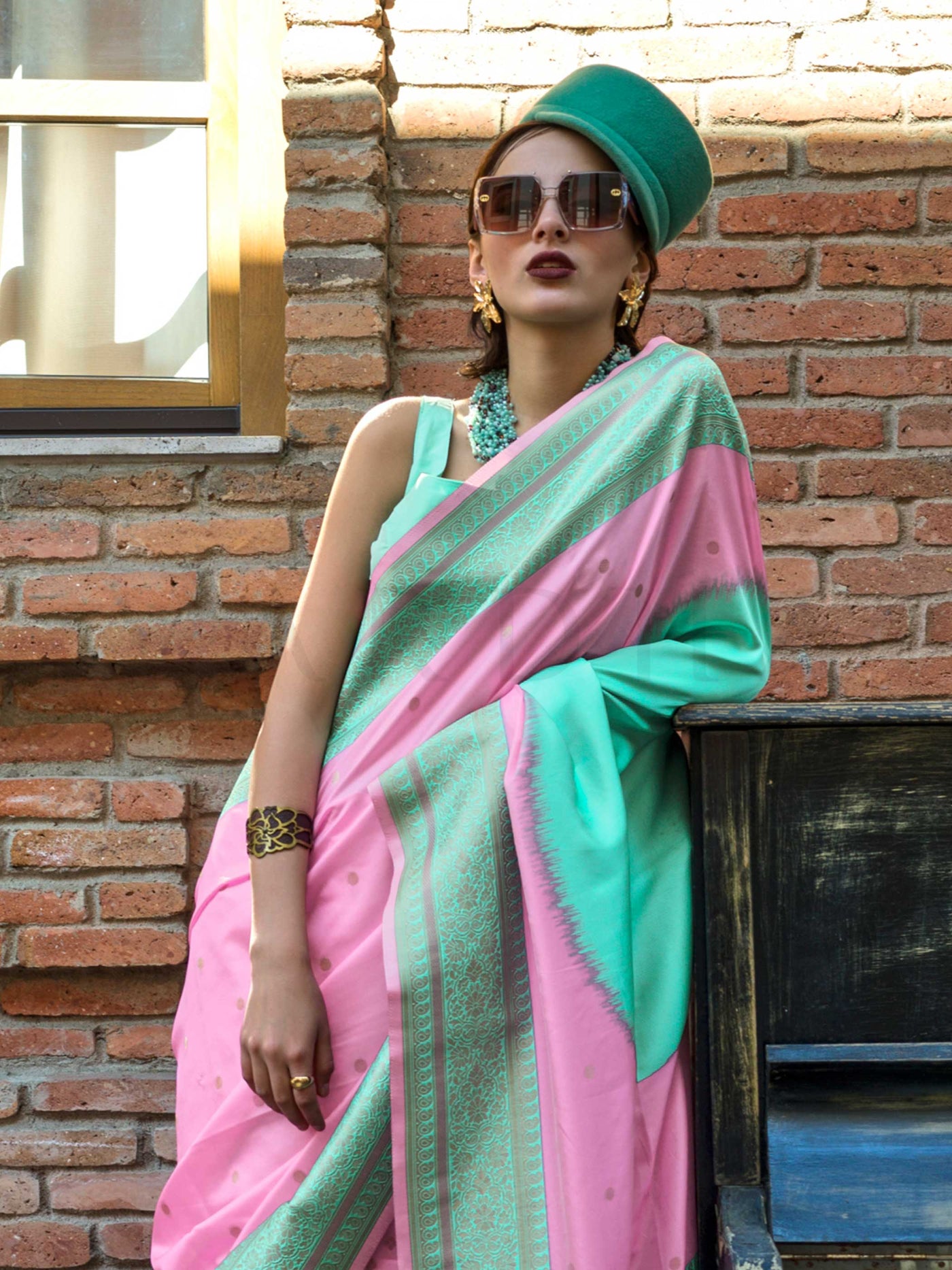 Blush Pink & Mint Green Soft Art Silk Handloom Saree with Embroidered Border Wedding Special