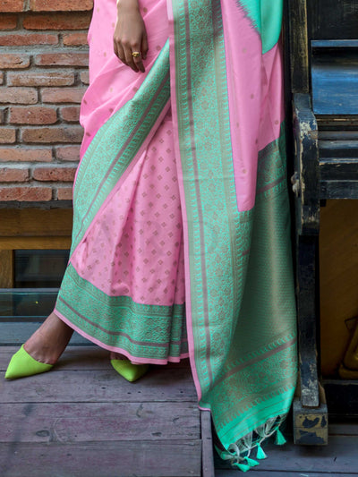 Blush Pink & Mint Green Soft Art Silk Handloom Saree with Embroidered Border Wedding Special