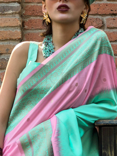 Blush Pink & Mint Green Soft Art Silk Handloom Saree with Embroidered Border Wedding Special