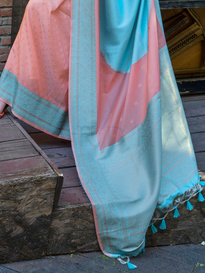 Sky Blue & Peach Soft Art Silk Handloom Saree with Pastel Palette Contemporary Elegance