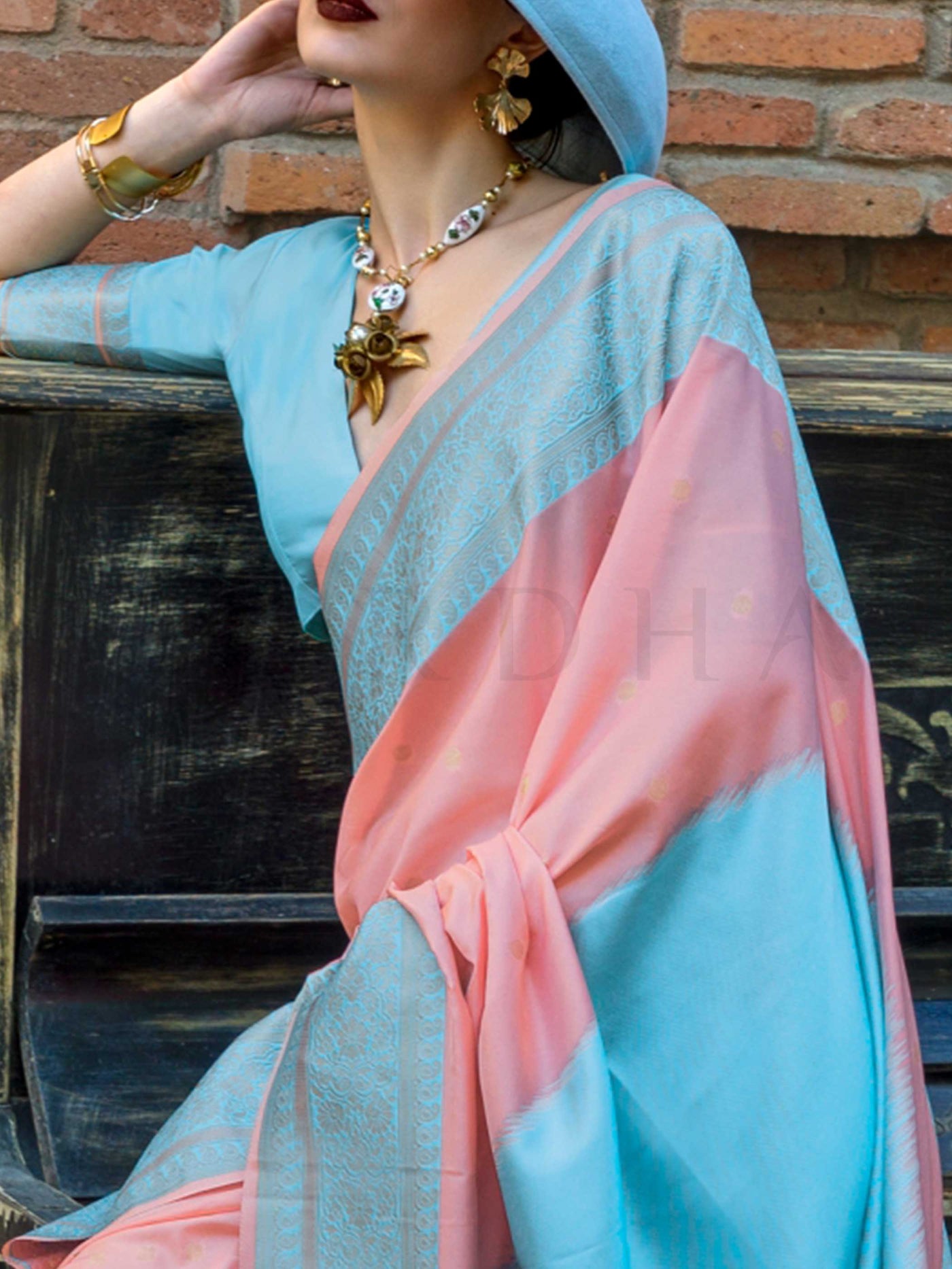 Sky Blue & Peach Soft Art Silk Handloom Saree with Pastel Palette Contemporary Elegance