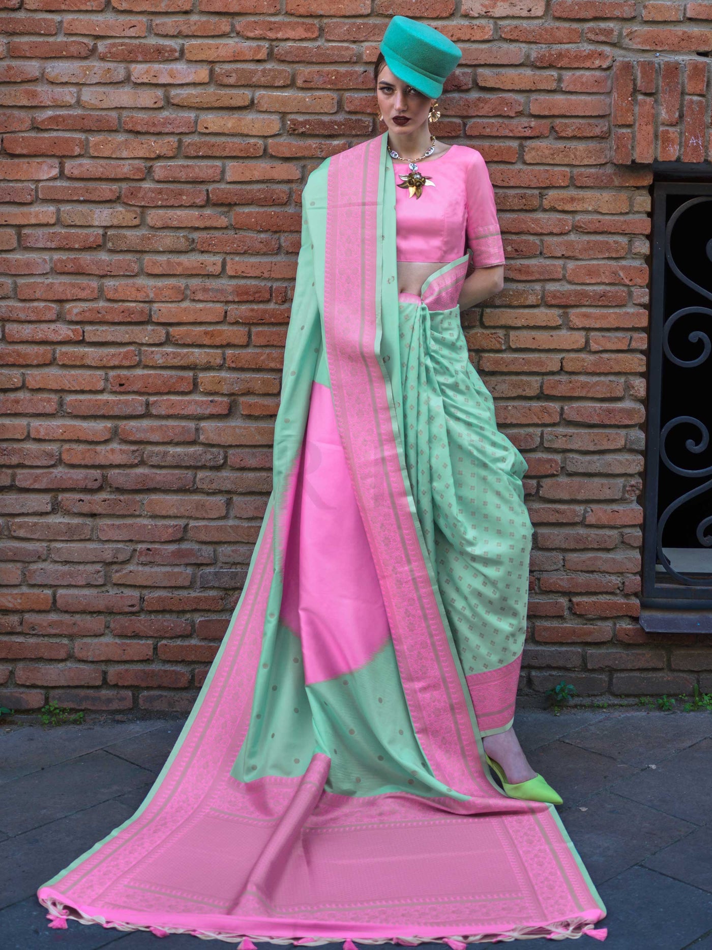 Lime Green & Rose Pink Soft Art Silk Handloom Saree with Subtle Weave Modern Festive Look