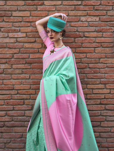 Lime Green & Rose Pink Soft Art Silk Handloom Saree with Subtle Weave Modern Festive Look