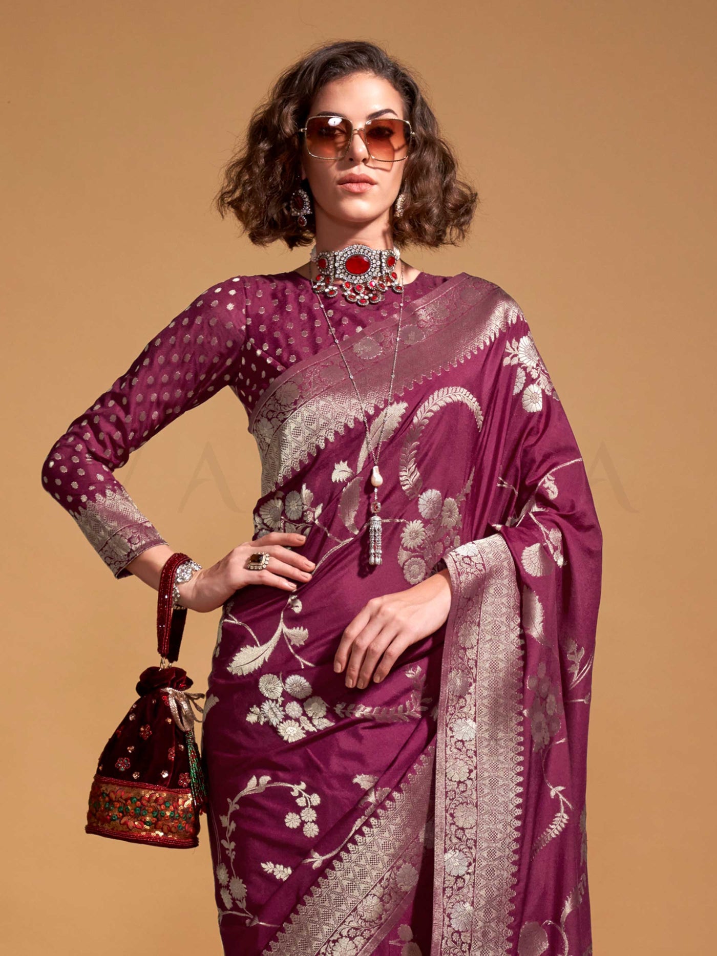 Plum Purple Pure Georgette Handloom Saree with Heavy Blouse Designer Festive Wear