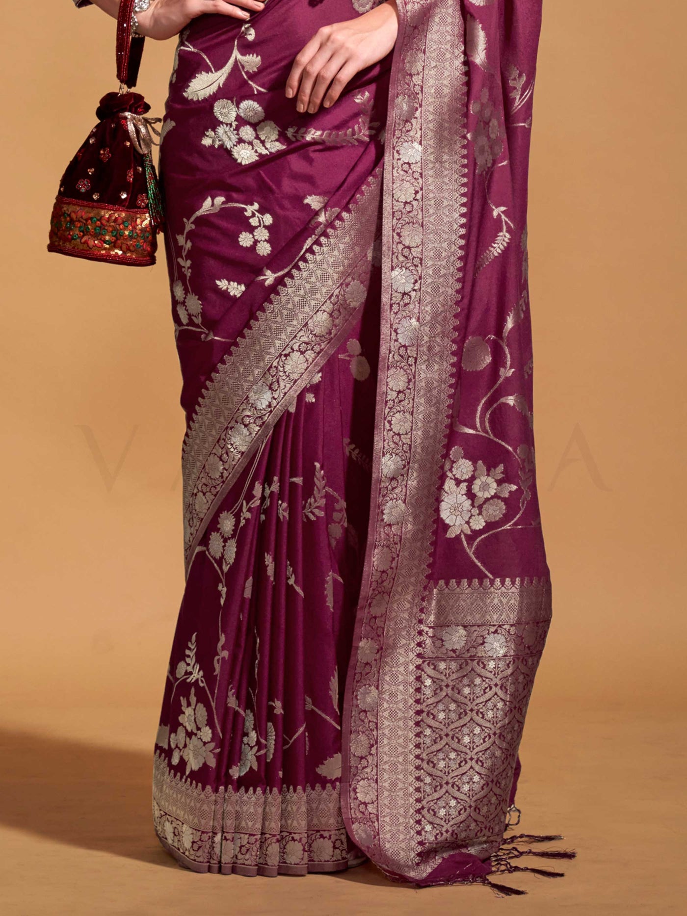 Plum Purple Pure Georgette Handloom Saree with Heavy Blouse Designer Festive Wear