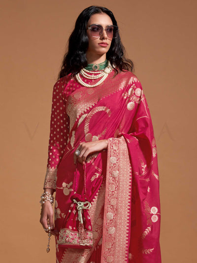 Rani Pink Pure Georgette Handloom Saree with Zari Work Elegant Wedding Drape