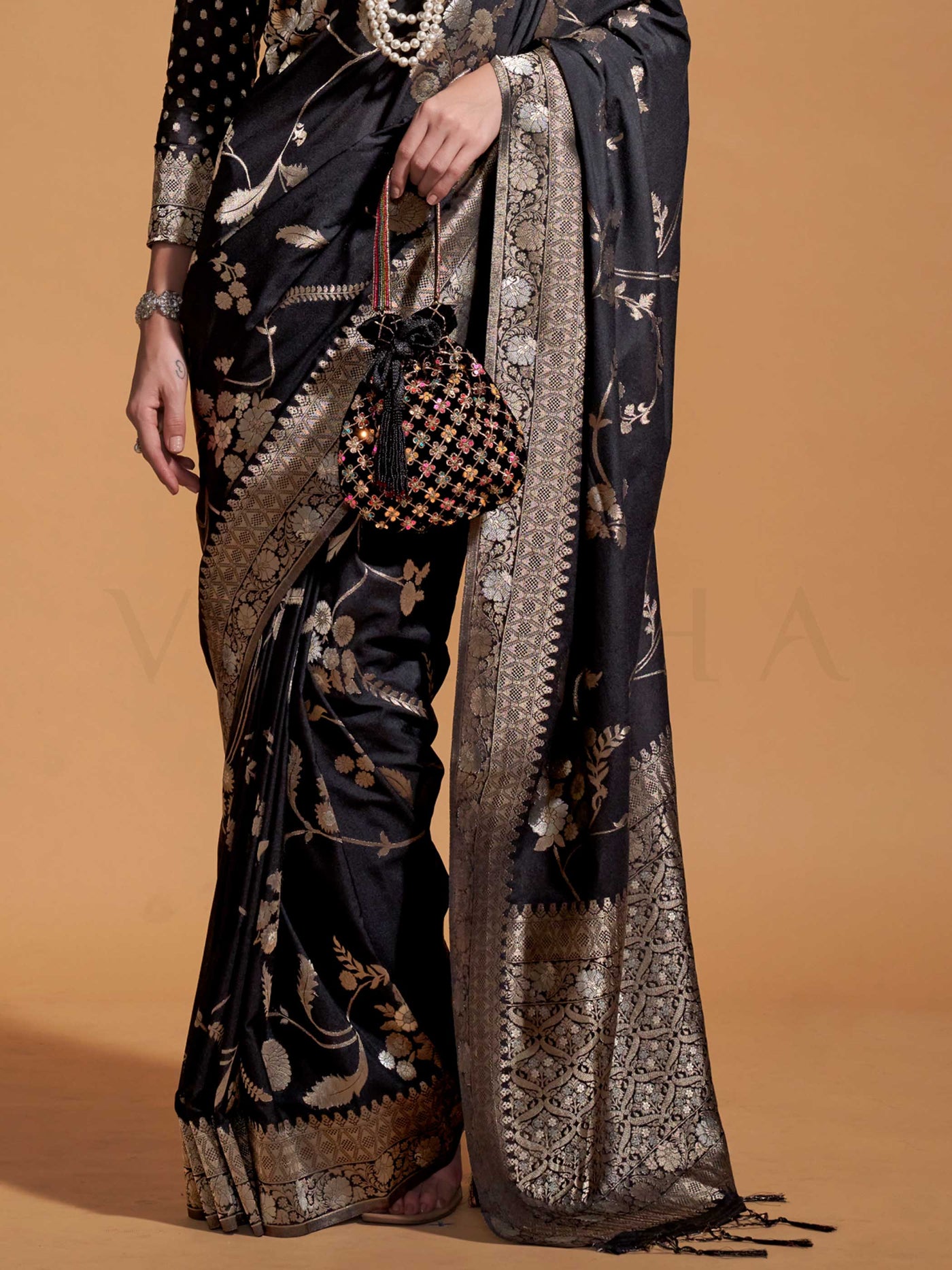 Black Pure Georgette Handloom Saree with Gold Floral Weave Luxe Evening Look