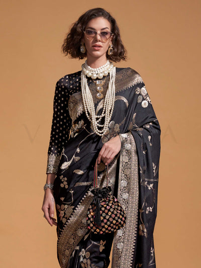 Black Pure Georgette Handloom Saree with Gold Floral Weave Luxe Evening Look