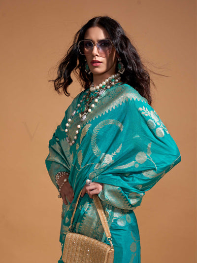 Turquoise Blue Pure Georgette Handloom Saree with Contrast Blouse Ethnic Partywear