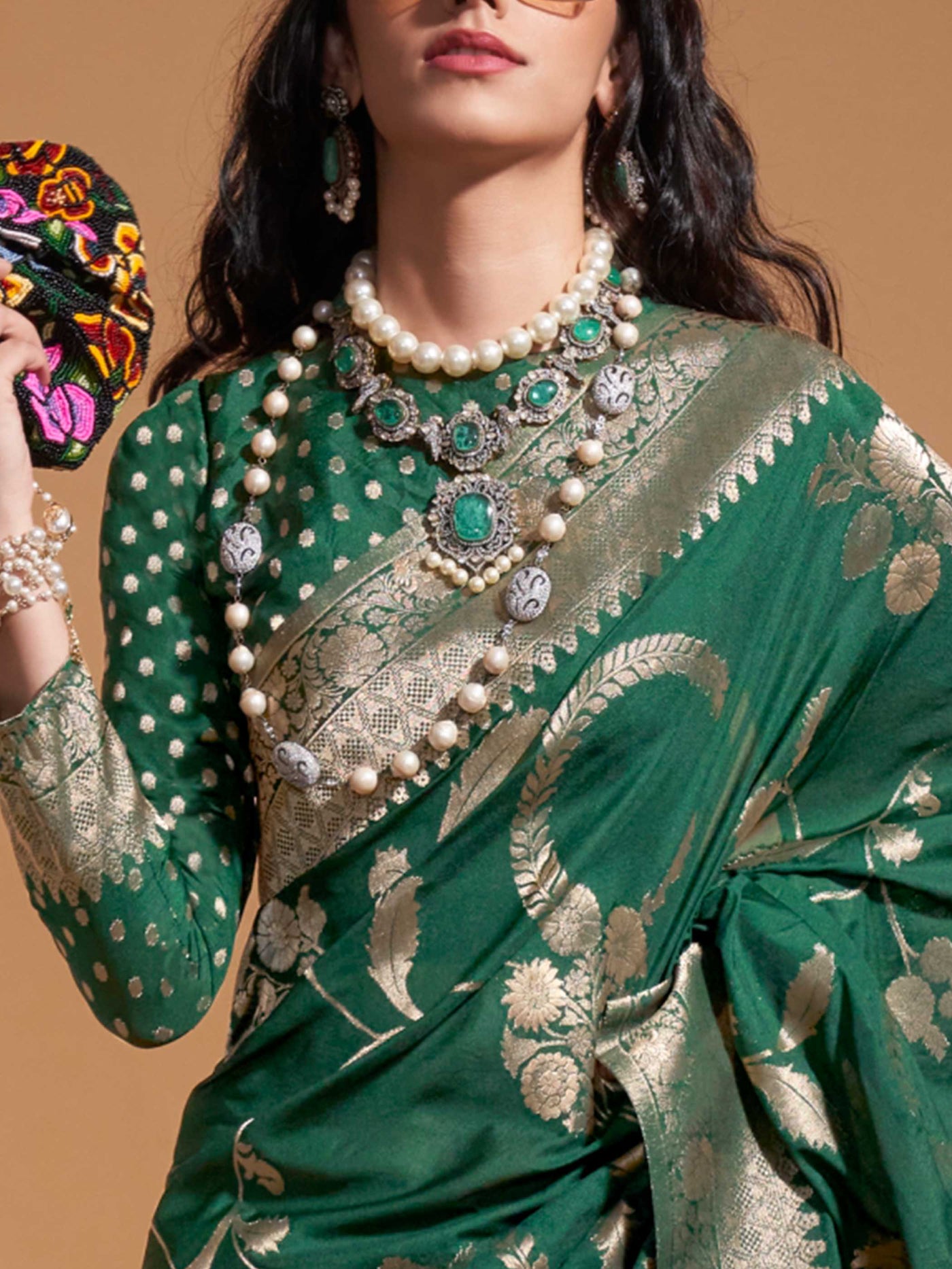 Bottle Green Pure Georgette Handloom Saree with Gold Detailing Grand Occasion Wear