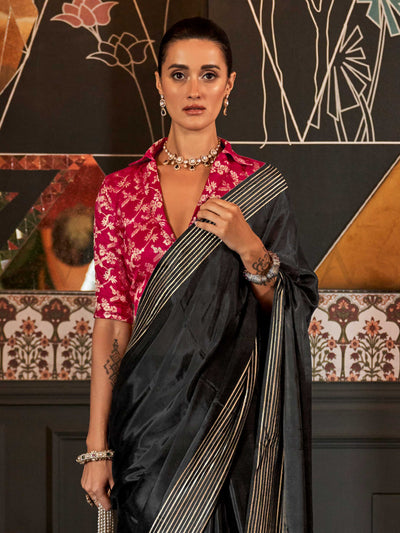 Black Pure Viscose Handloom Saree with Minimal Zari Stripes – Elegant Evening Wear