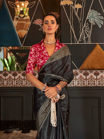 Black Pure Viscose Handloom Saree with Minimal Zari Stripes – Elegant Evening Wear