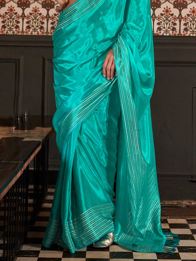 Teal Blue Pure Viscose Handloom Saree with Textured Weave – Designer Partywear Drape