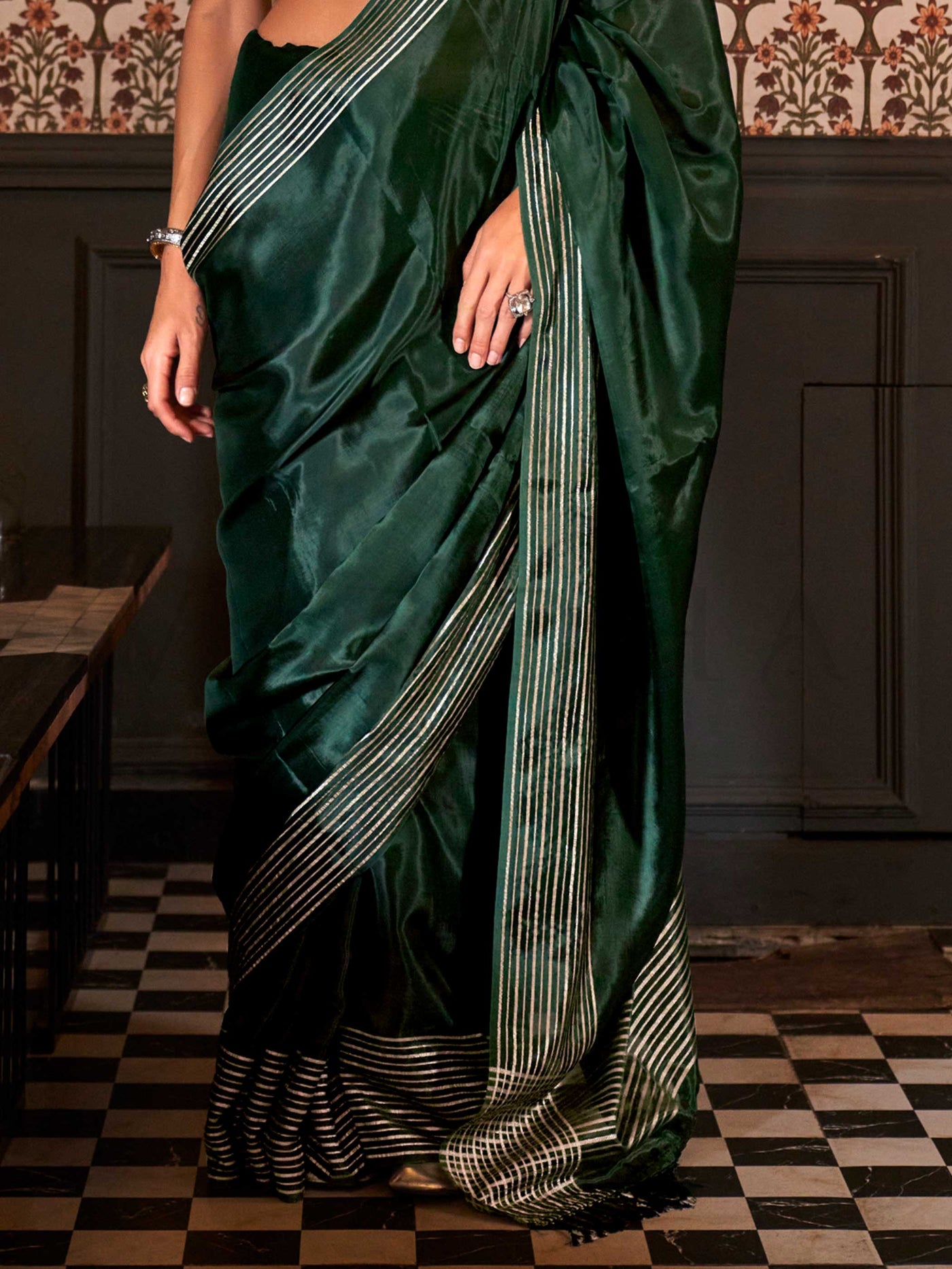 Bottle Green Pure Viscose Handloom Saree with Classic Striped Weave – Regal Ethnic Look