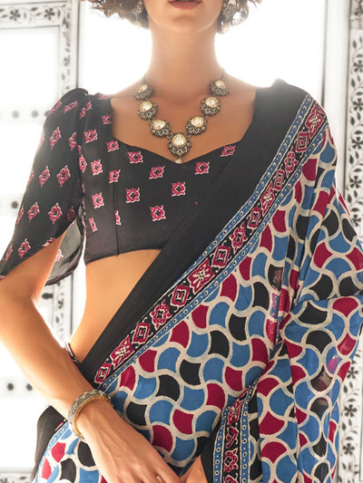 Black Satin Crepe Saree with Matching Blouse Piece