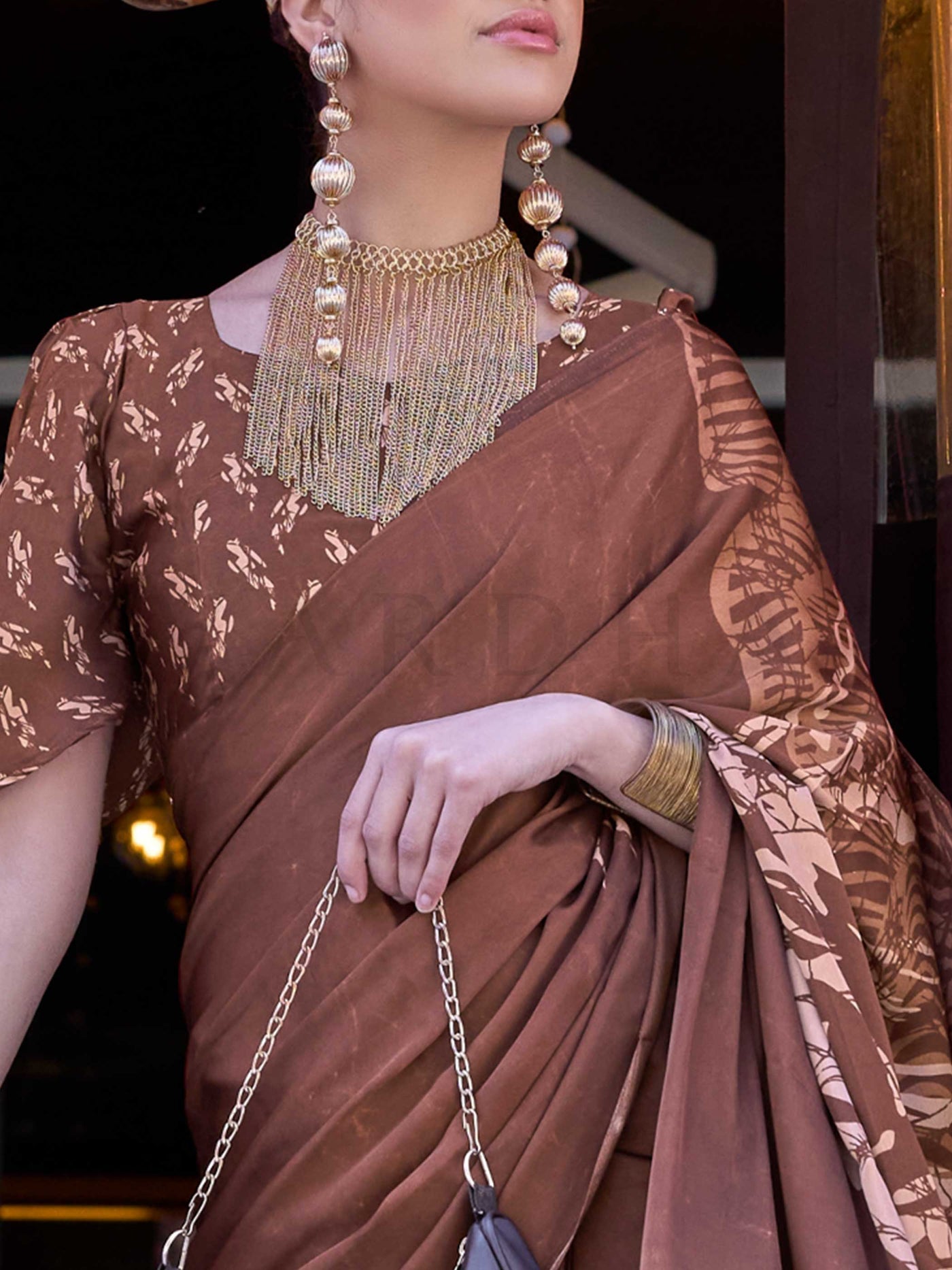 Brown Printed Satin Crepe Saree with Contemporary Design Elegant Party Wear