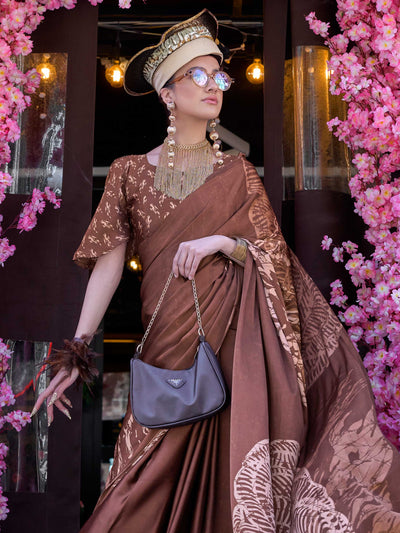 Brown Printed Satin Crepe Saree with Contemporary Design Elegant Party Wear