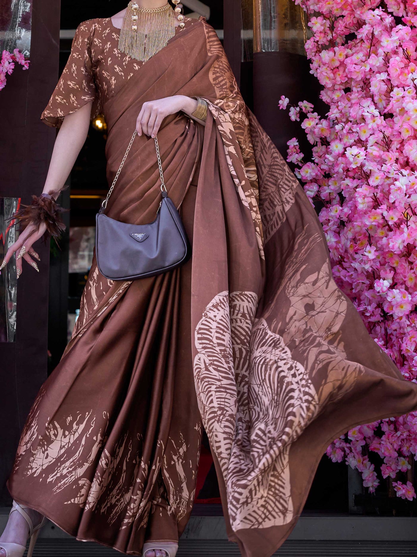 Brown Printed Satin Crepe Saree with Contemporary Design Elegant Party Wear