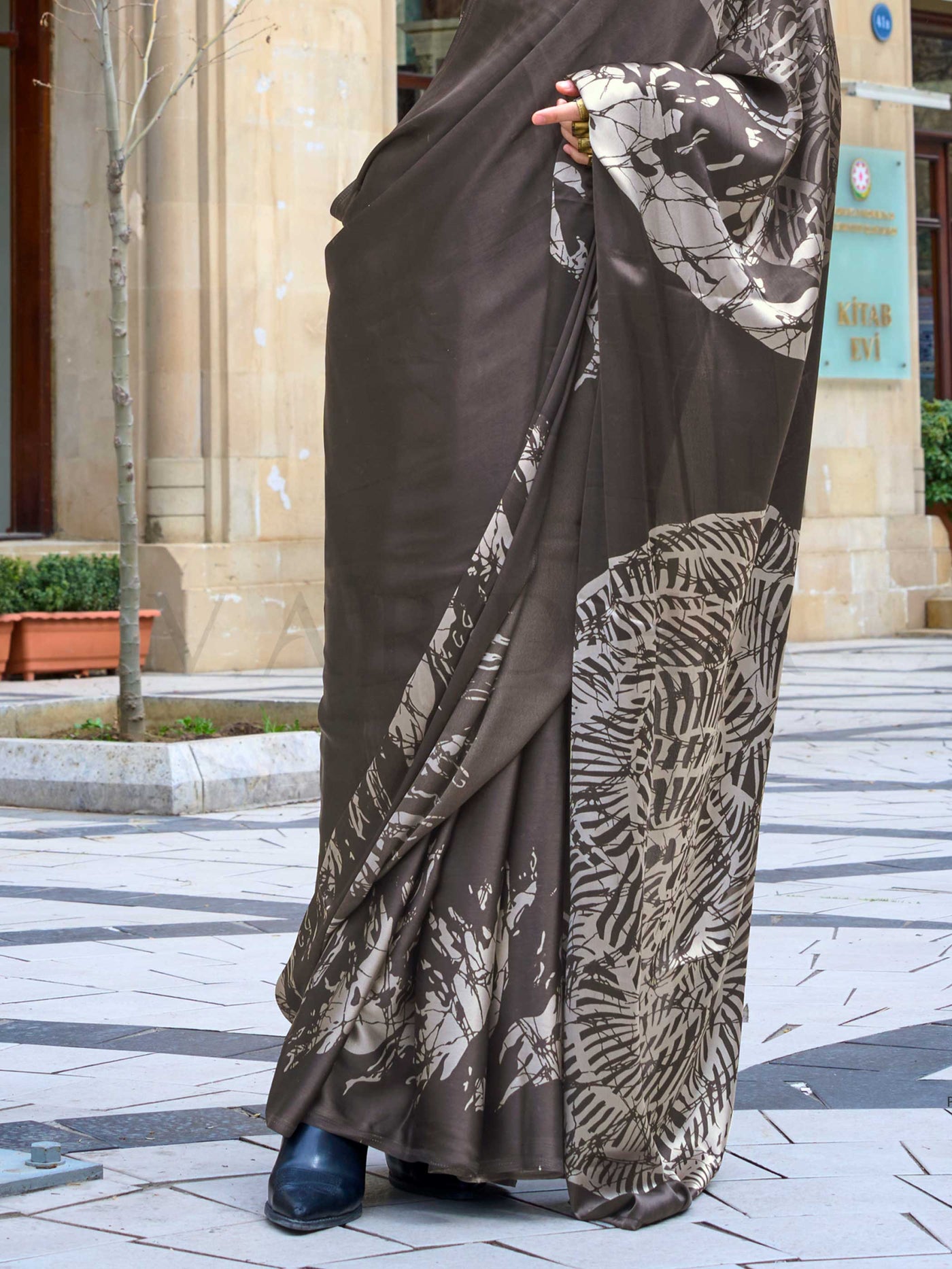 Charcoal Grey Printed Satin Crepe Saree with Abstract Motifs Luxe Evening Drape