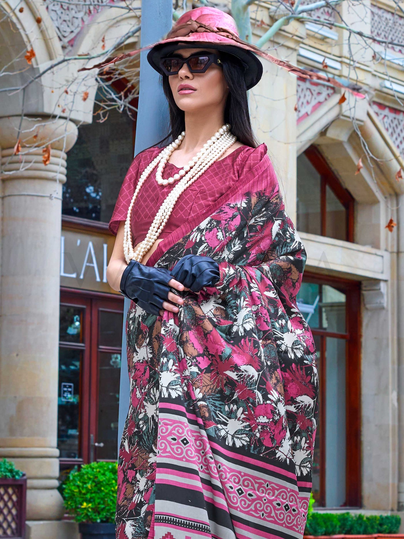 Burgundy Red Printed Satin Crepe Saree with Floral Patterns Modern Ethnic Look