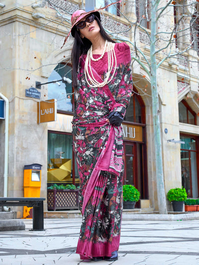 Burgundy Red Printed Satin Crepe Saree with Floral Patterns Modern Ethnic Look