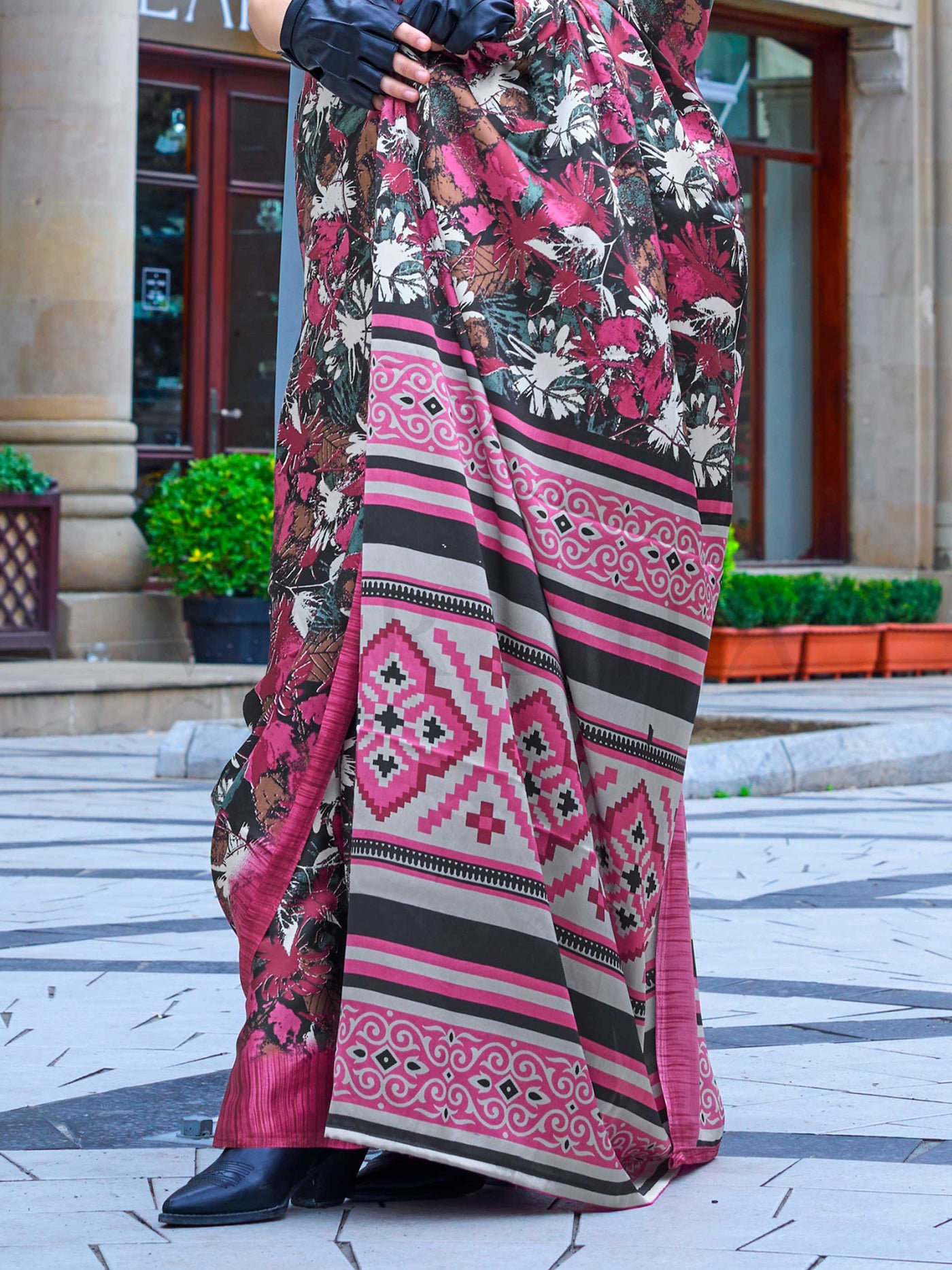 Burgundy Red Printed Satin Crepe Saree with Floral Patterns Modern Ethnic Look