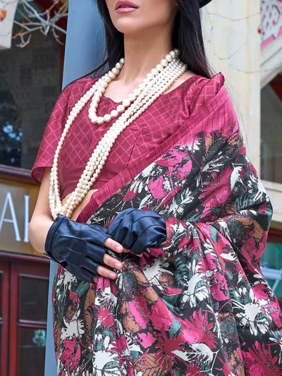 Burgundy Red Printed Satin Crepe Saree with Floral Patterns Modern Ethnic Look