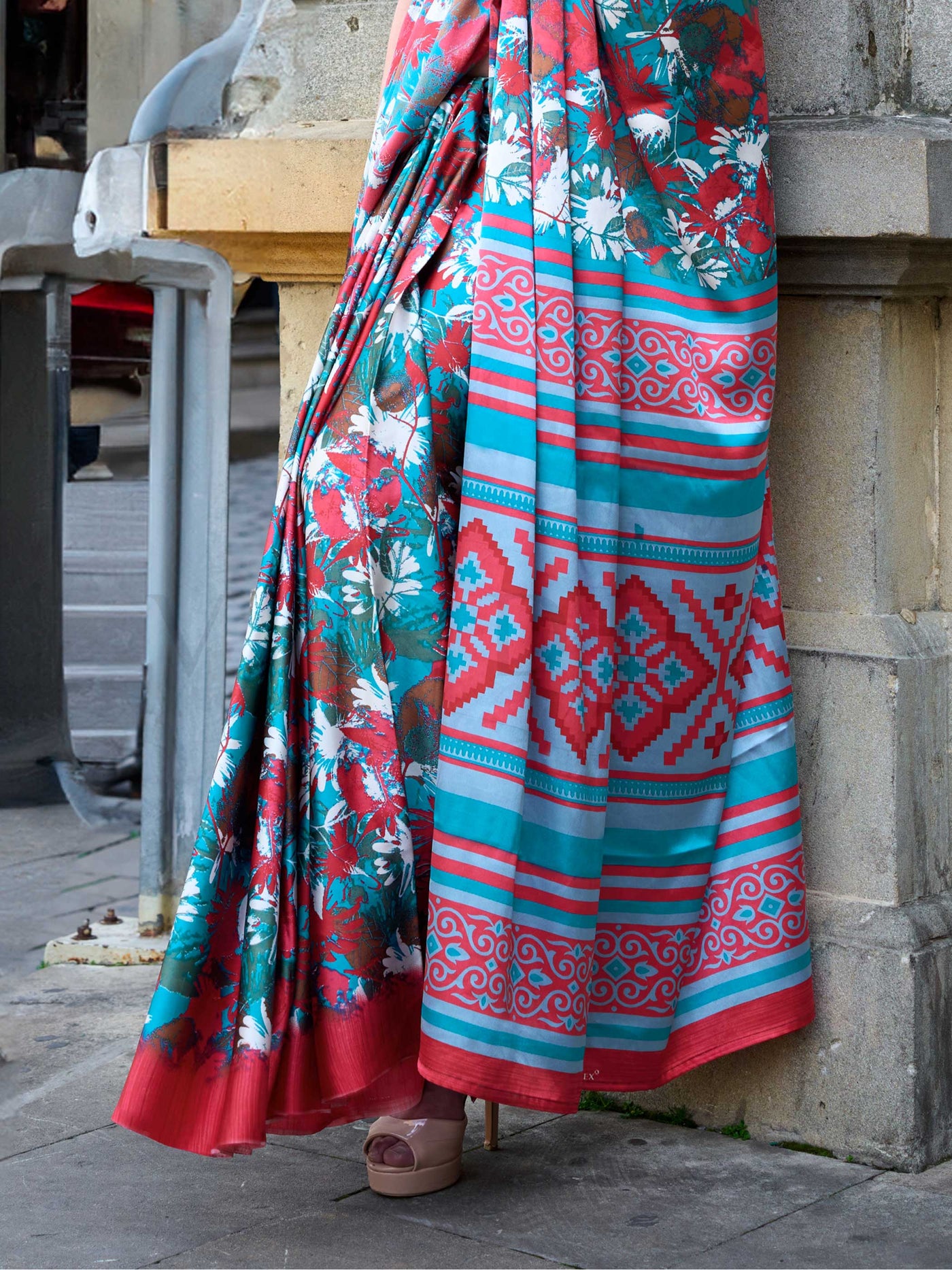 Turquoise & Red Printed Satin Crepe Saree with Tribal Motifs Designer Statement Piece