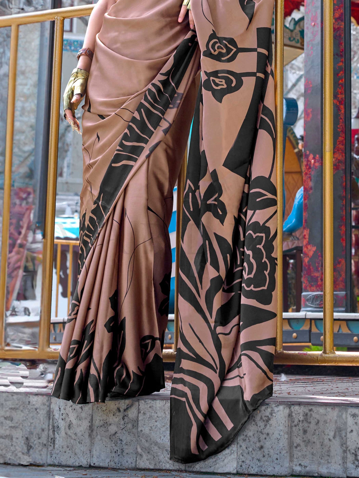 Beige & Black Printed Satin Crepe Saree with Bold Leaf Print High-Fashion Ethnic Wear