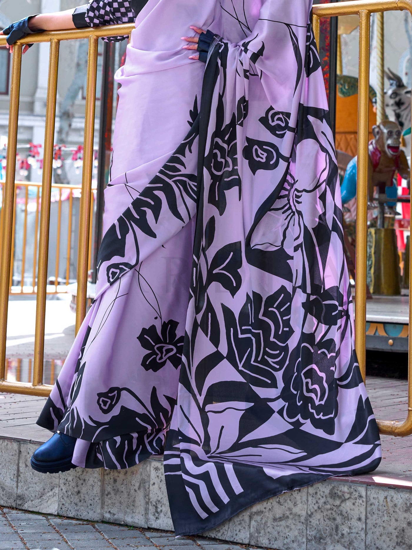 Lavender Printed Satin Crepe Saree with Oversized Floral Design Contemporary Glam