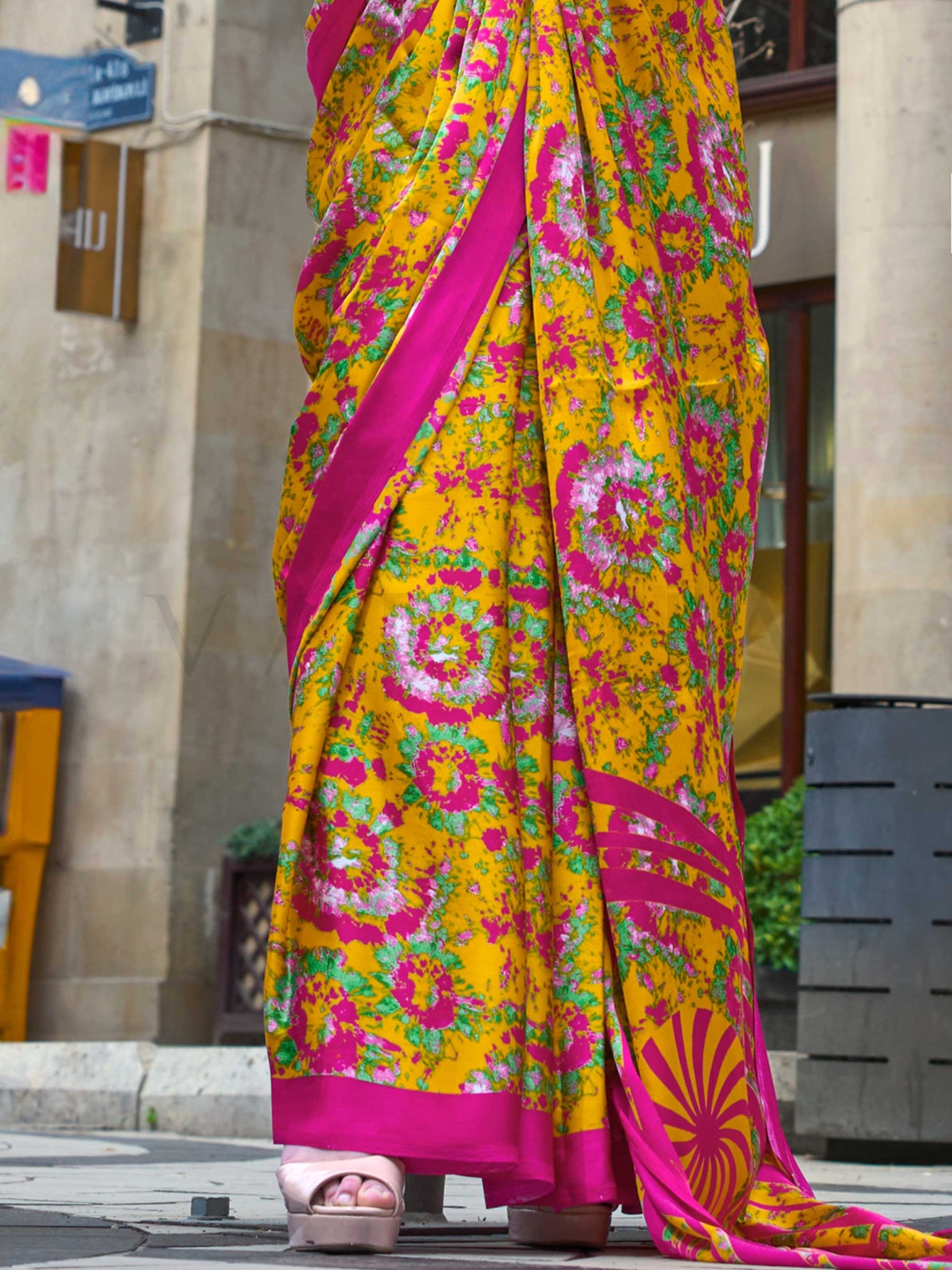 Yellow & Magenta Printed Satin Crepe Saree with Abstract Weave Festive Occasion Wear