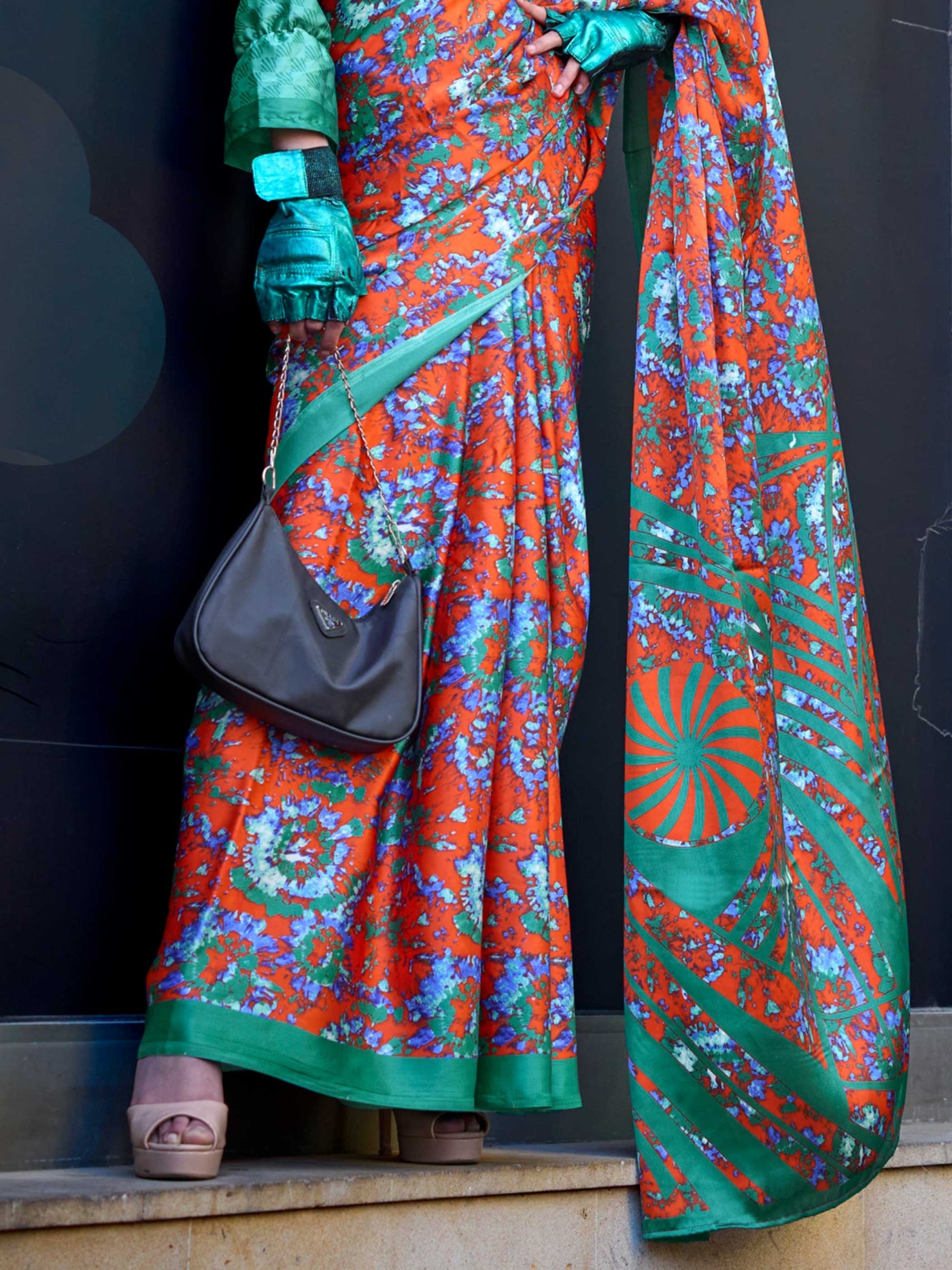 Green & Orange Printed Satin Crepe Saree with Modern Digital Print Vibrant Celebration Drape