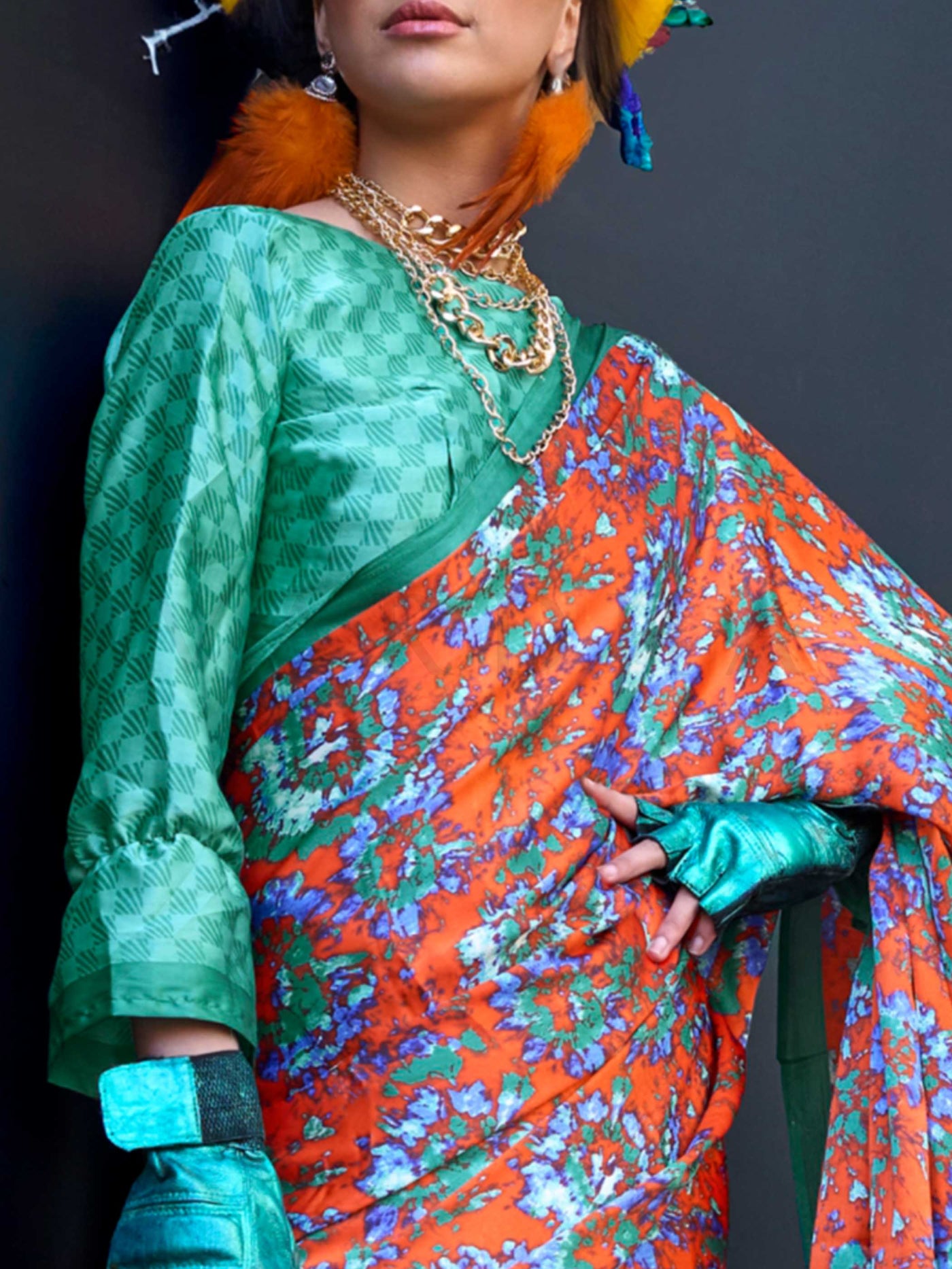 Green & Orange Printed Satin Crepe Saree with Modern Digital Print Vibrant Celebration Drape