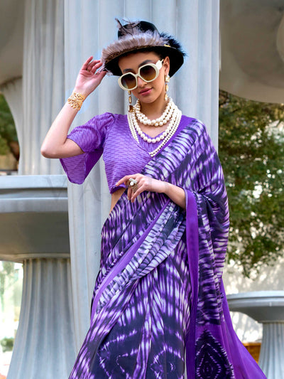 Purple Printed Satin Crepe Saree with Tie-Dye Effect Stylish Casual Ethnic Wear