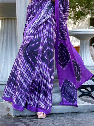 Purple Printed Satin Crepe Saree with Tie-Dye Effect Stylish Casual Ethnic Wear