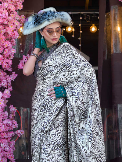 Monochrome Printed Satin Crepe Saree with Zebra Pattern Bold and Unique Look