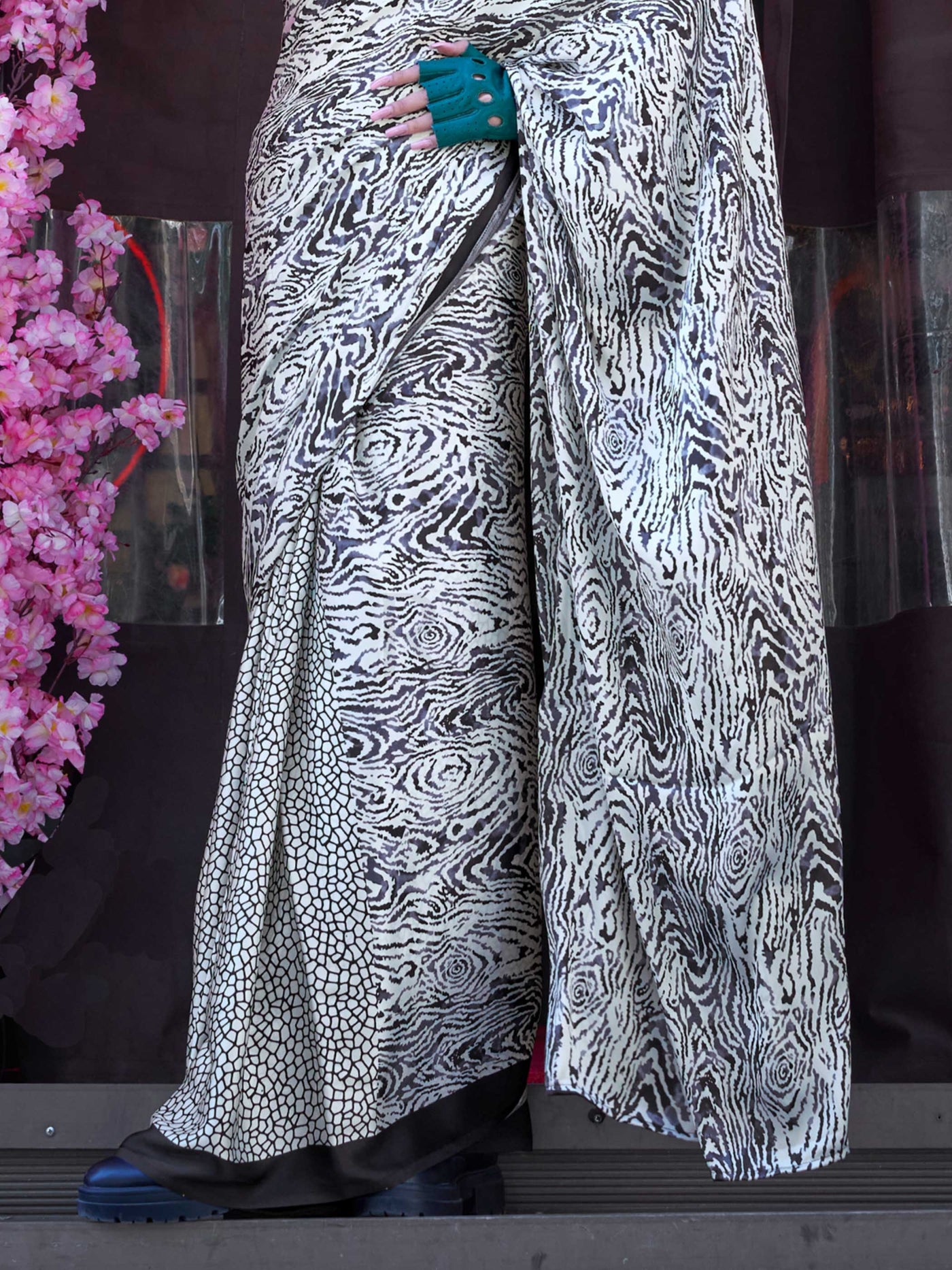 Monochrome Printed Satin Crepe Saree with Zebra Pattern Bold and Unique Look