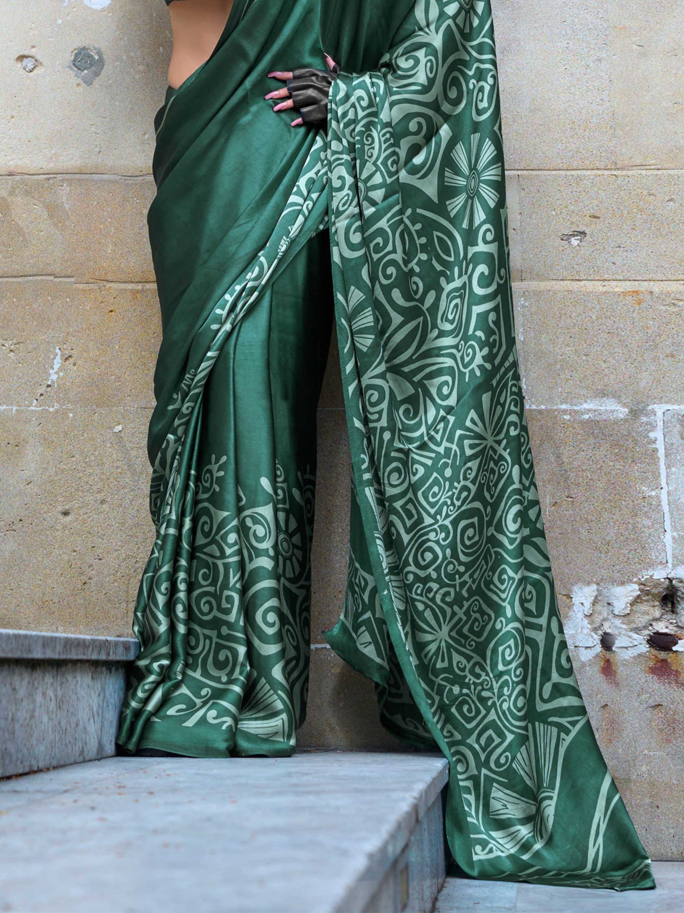 Bottle Green Printed Satin Crepe Saree with Geometric Print Designer Workwear Saree