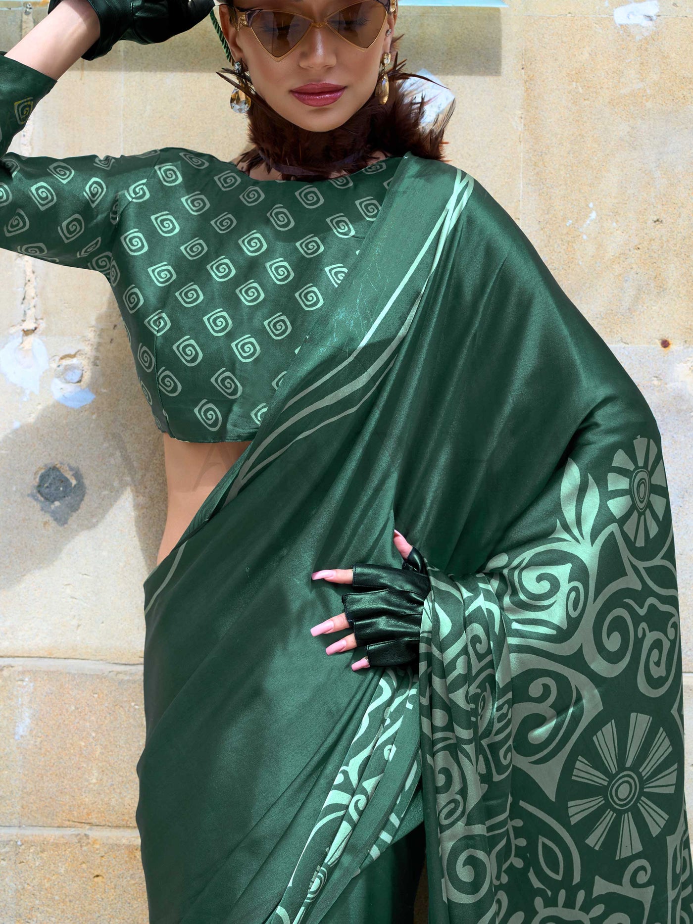 Bottle Green Printed Satin Crepe Saree with Geometric Print Designer Workwear Saree