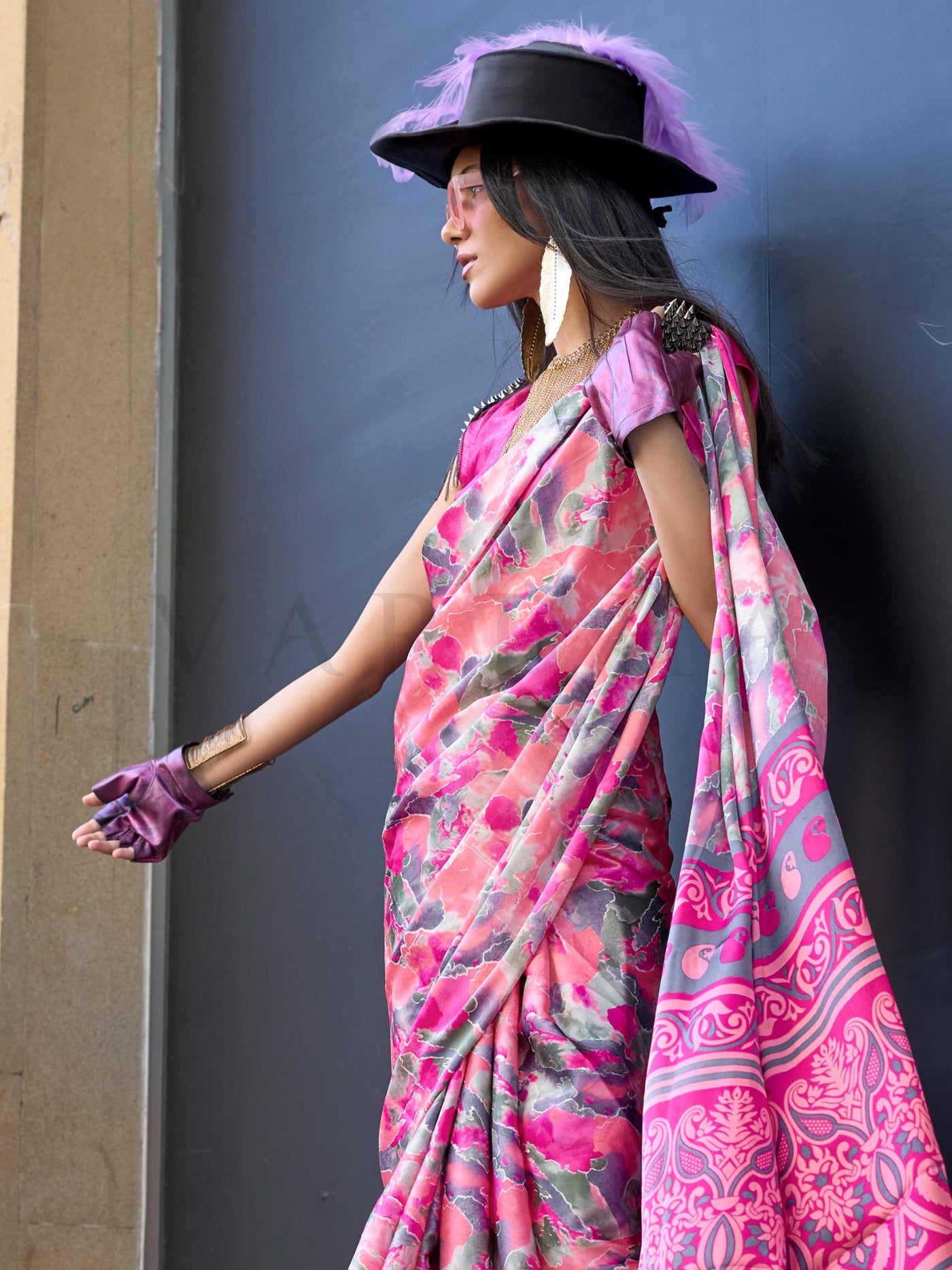 Pink & Multicolor Printed Satin Crepe Saree with Fusion Print Vibrant Partywear Saree