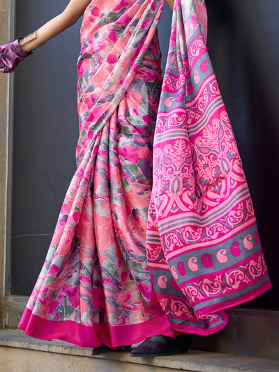 Pink & Multicolor Printed Satin Crepe Saree with Fusion Print Vibrant Partywear Saree