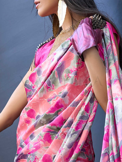 Pink & Multicolor Printed Satin Crepe Saree with Fusion Print Vibrant Partywear Saree