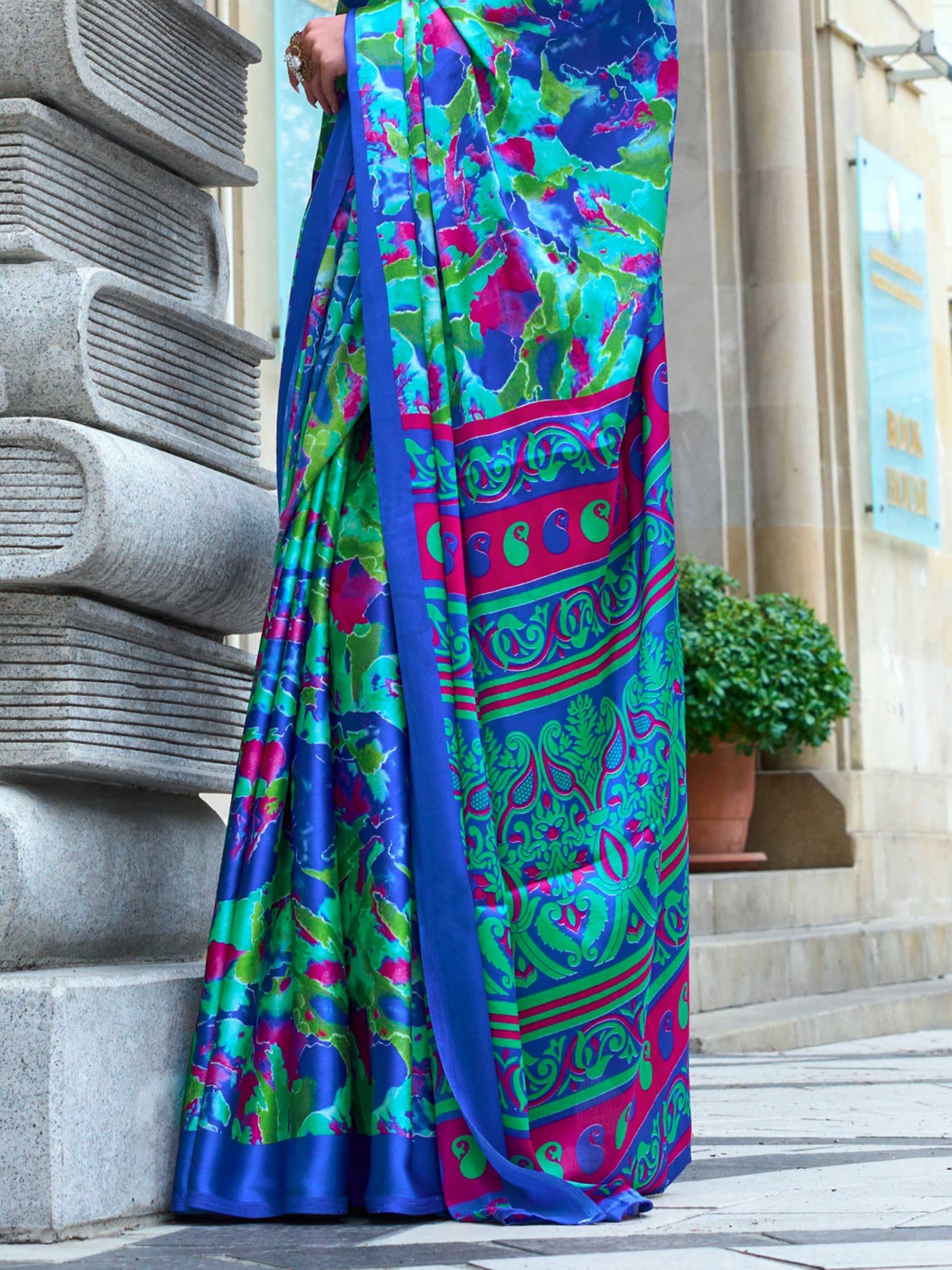 Blue & Neon Green Printed Satin Crepe Saree with Abstract Patterns Stylish Occasion Wear