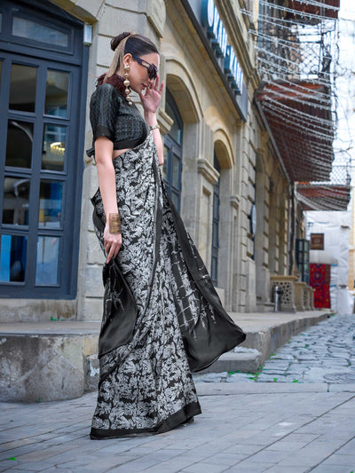 Black Printed Satin Crepe Saree with Textured Print Elegant Formal Look