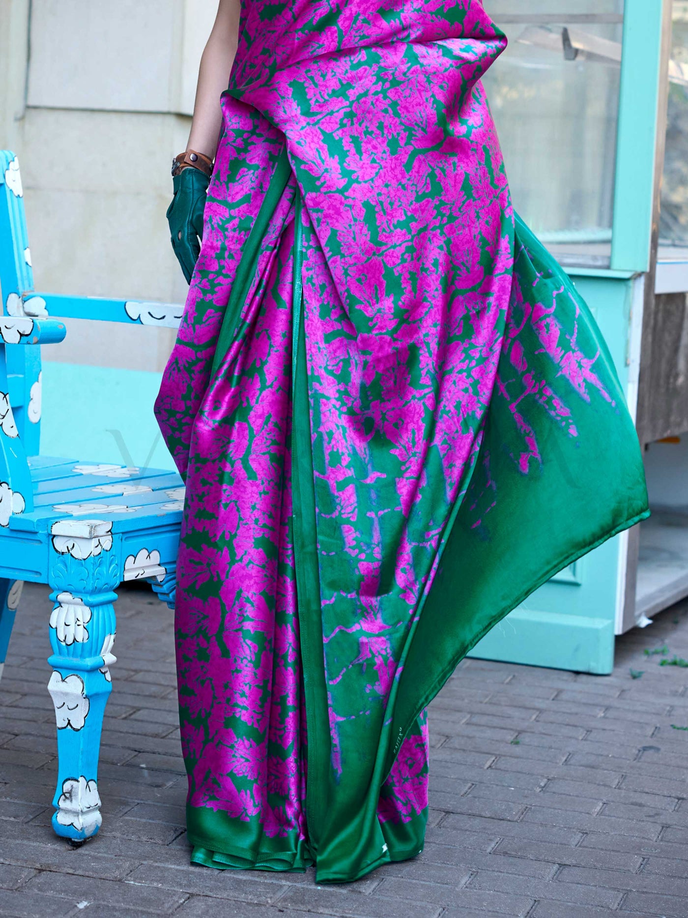 Green & Pink Printed Satin Crepe Saree with Abstract Tie-Dye Effect Modern Ethnic Statement