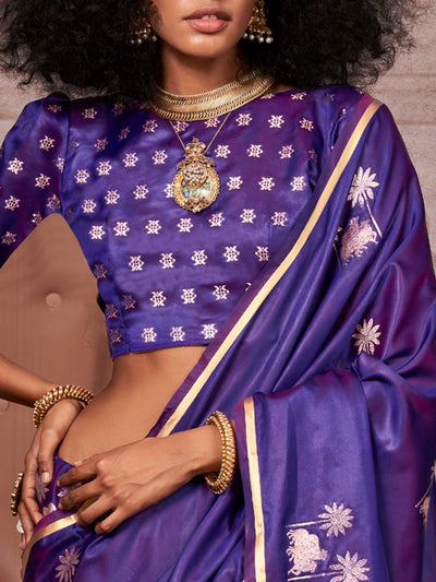 Aubergine Purple Banarasi Pure Satin Silk Saree Handloom Weave with Floral Gold Zari Work